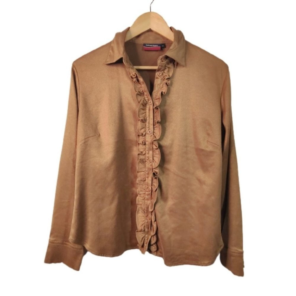 Vintage Denver Hayes Ruffle Brown Faux Suede Button Top Size 12